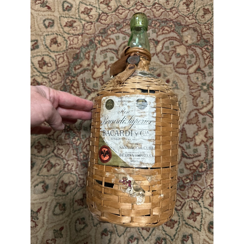 Vintage Bacardi Superior Rum Wicker Wrapped Green Glass Bottle Santiago de Cuba